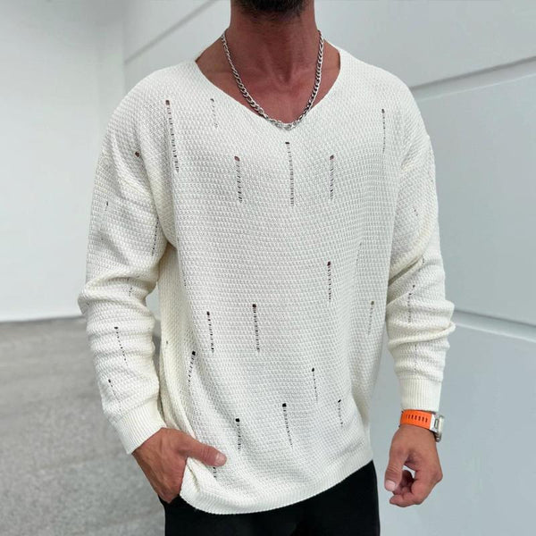 Men's Fashion Solid Color Holes V Neck Long Sleeve Knit Sweater 15031462Z