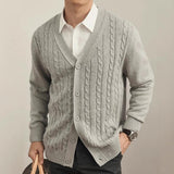 Men's Solid Color Knit Cable V Neck Single Breasted Cardigan 68307847Z