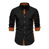 Men's Casual Contrast Patchwork Lapel Slim Long Sleeve Shirt 24807483M