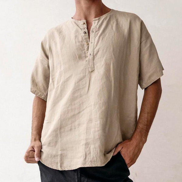 Men's Solid Cotton And Linen Henley Collar Short Sleeve Shirt 93120279Z
