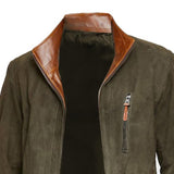 Men's Vintage Stand Collar Suede Leather Patchwork Loose Zip Jacket 66777786M