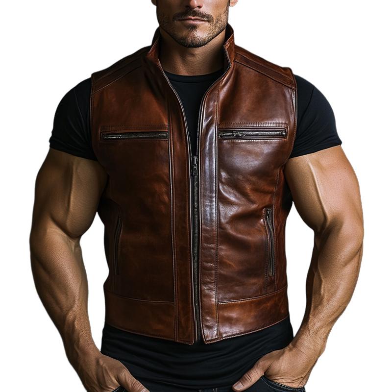 Men's Vintage Stand Collar Zipper Leather Vest 16958438U