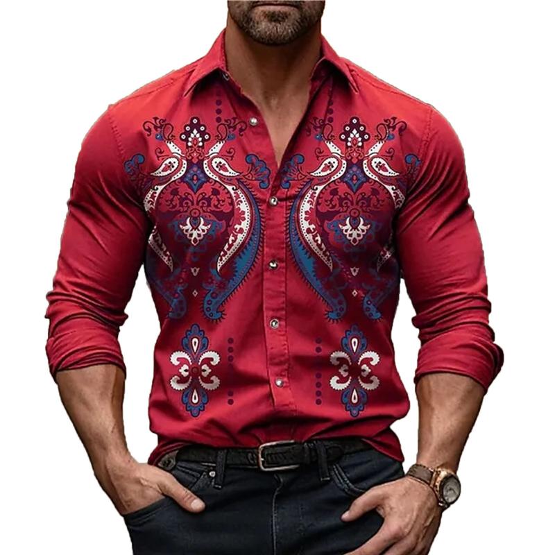 Men's Western Boy Print Lapel Long Sleeve Shirt 35664260X