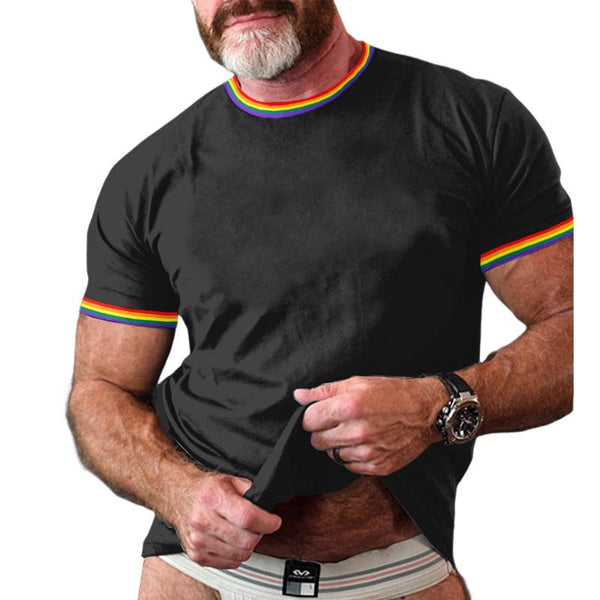 Men's Rainbow Stripe Patchwork Round Neck Short Sleeve T-Shirt 65266815Y