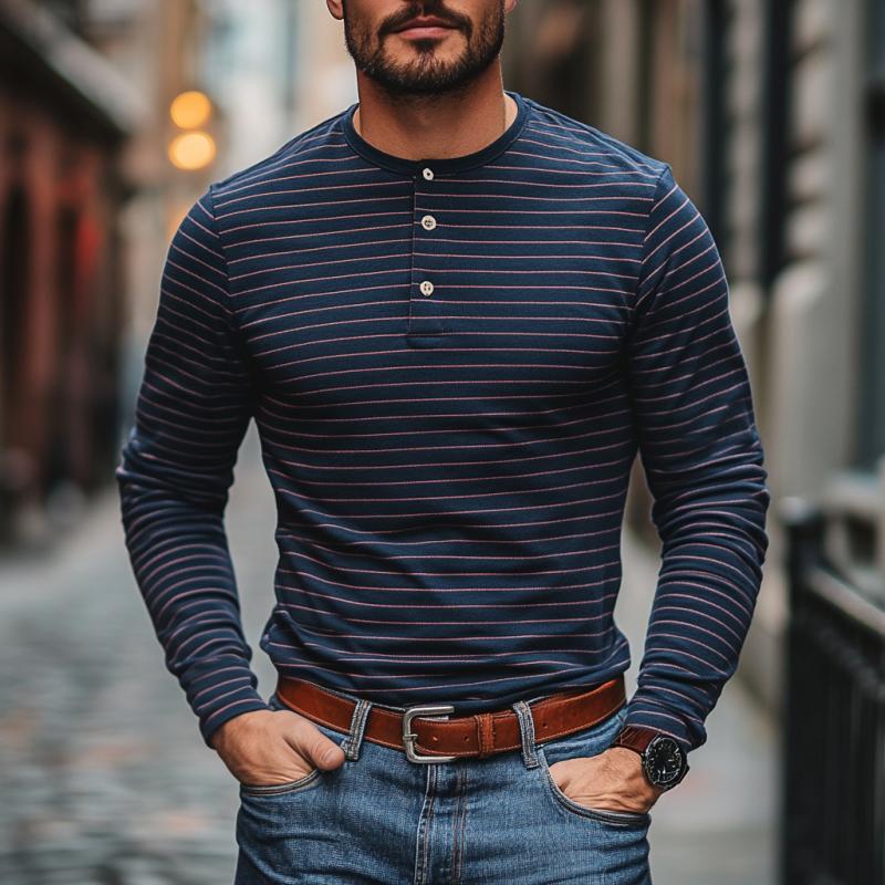 Men's Casual Cotton Blend Striped Henley Collar Slim Fit Long Sleeve T-Shirt 90795549M