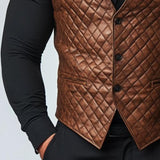 Men's Retro Casual Leather Diamond Button Collarless Vest 63055153TO