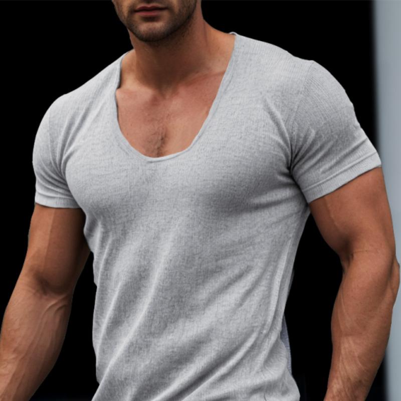 Men's Solid Color U-Neck Tight Short-Sleeved T-Shirt 27067257Y