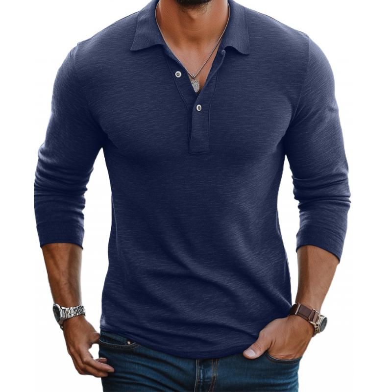 Polo da uomo casual in misto cotone con risvolto, vestibilità slim, a maniche lunghe, 88616993M