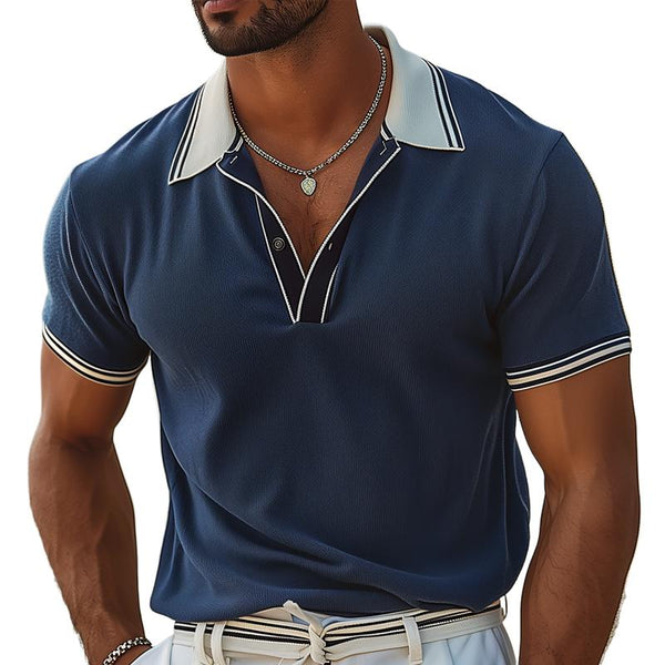 Men's Colorblock Striped Lapel Short Sleeve Polo Shirt 03448076Z