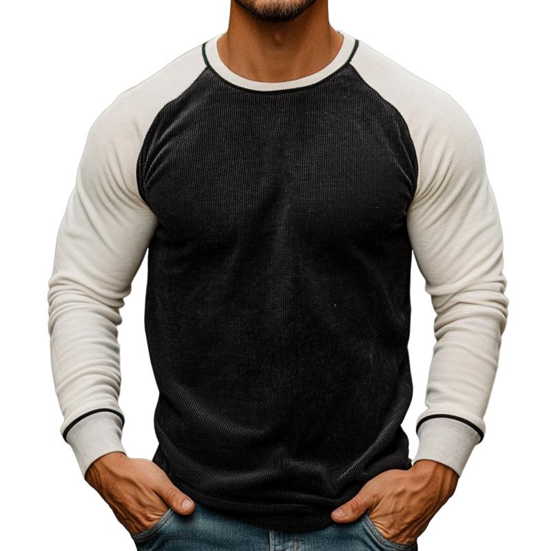 Men's Retro Casual Corduroy Colorblock Round Neck Long Sleeve T-Shirt 30605870TO