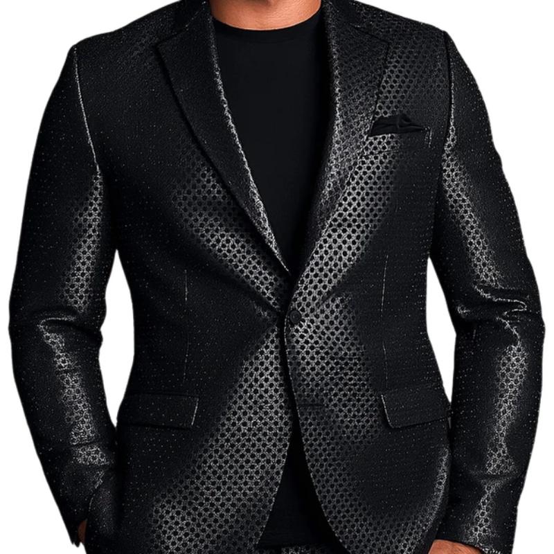 Men's Solid Lapel Single Button Polka Dot Debossed Leather Blazer 07742999F