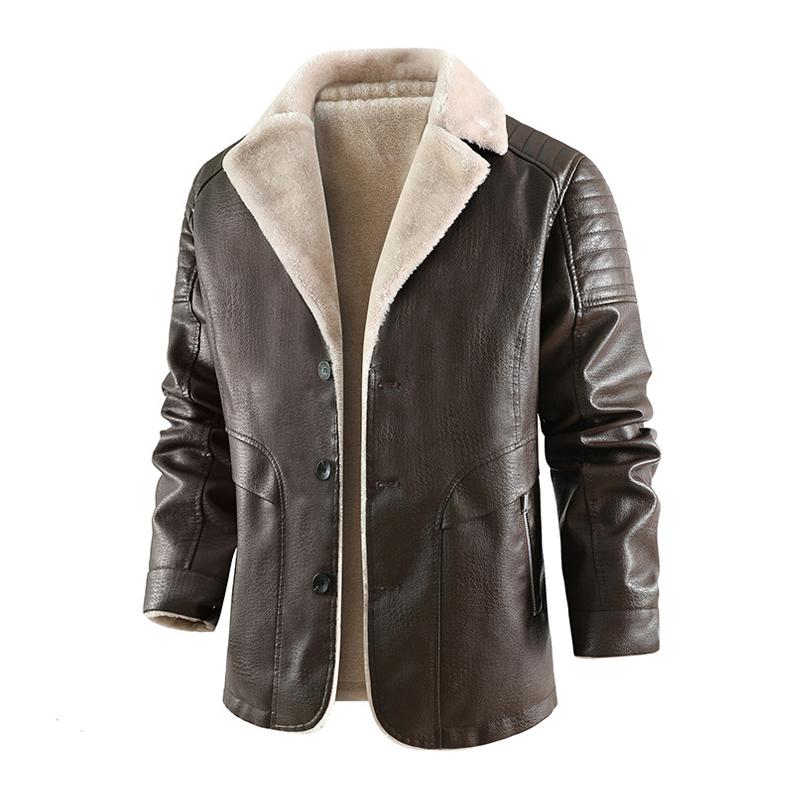 Men's Fleece-lined Thickened Lapel Single Breasted Mid-length Leather Coat 52104453Z