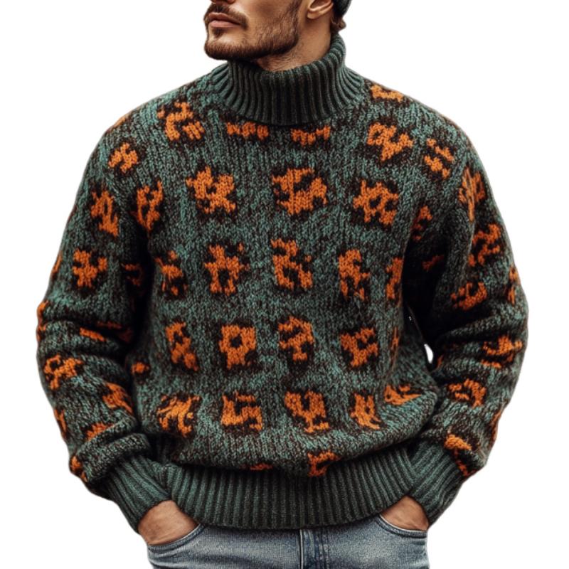 Men's Fashion Colorblock Leopard Turtleneck Warm Knitted Sweater 86039436M