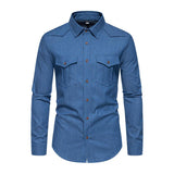 Men's Vintage Lapel Flap Pocket Slim Fit Single Breasted Denim Long Sleeve Shirt 46084071M