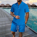 Men's Solid Color Pleated Stand Collar Short-Sleeved Shirt And Shorts Set 83841289Y