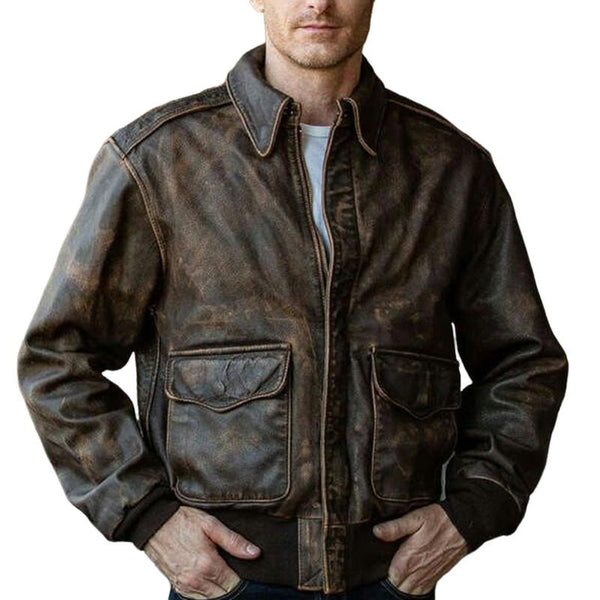 Men's Vintage Distressed Zipper Leather Jacket 22971662U