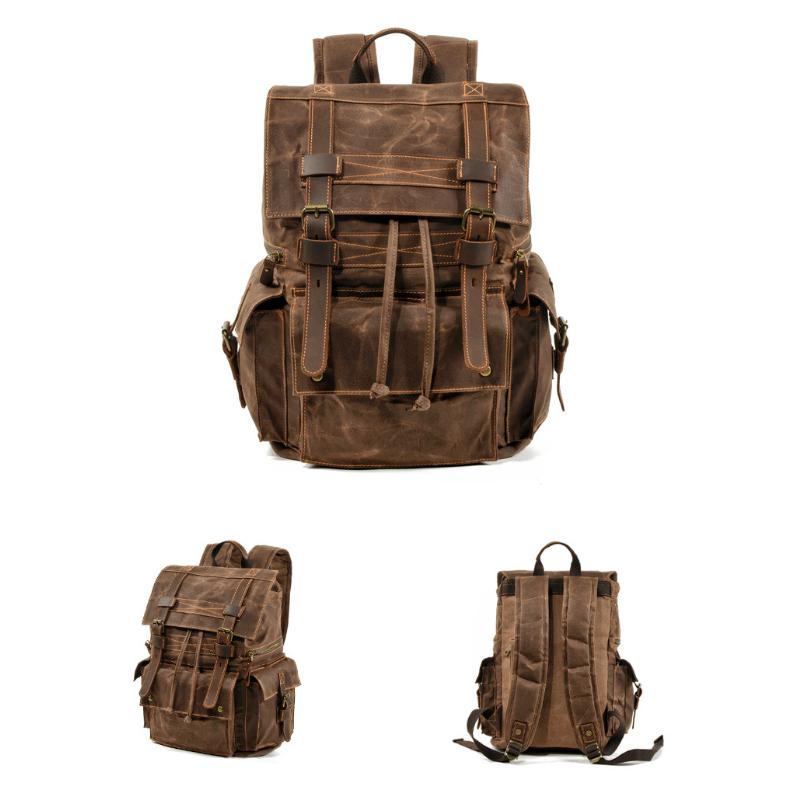 Men's Vintage Beeswax Canvas Outdoor Leather Multi-Pocket Backpack 92970713Y