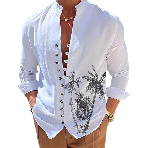 Men's Summer Hawaiian Coconut Tree Graphic Prints Stand Collar Long Sleeve Shirt 75370200Z