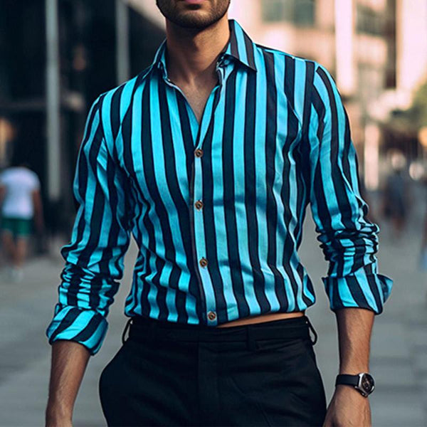 Men's Casual Retro Street Striped Long Sleeve Shirt 03936534TO