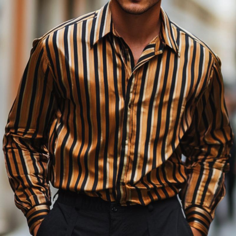 Men's Fashion Striped Satin Lapel Long Sleeve Shirt 12225822F