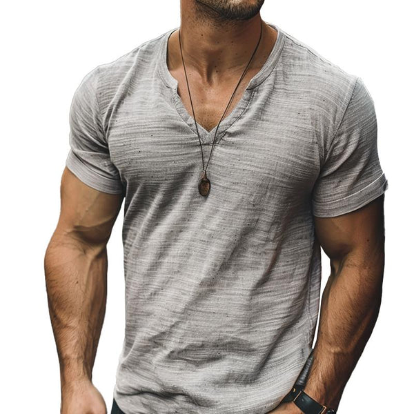 Men's Casual V-Neck Cotton Linen Slim-Fit Short-Sleeved T-Shirt 82971177M