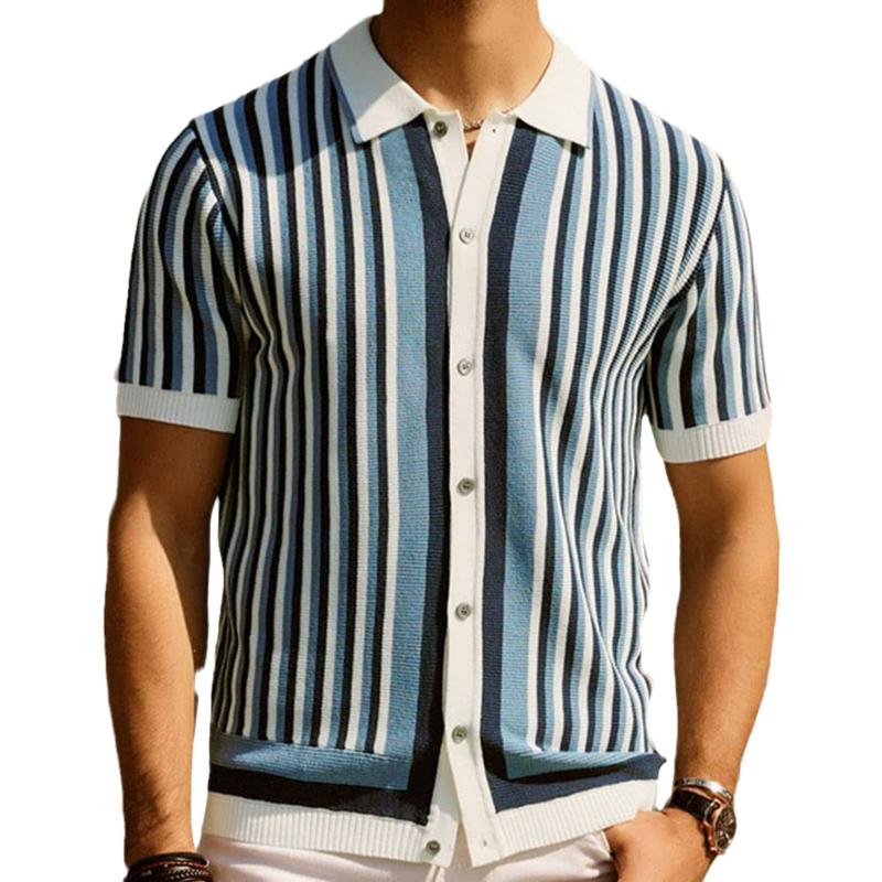 Men's Casual Ice Silk Striped Knitted Lapel Short-Sleeved Cardigan 08944932M