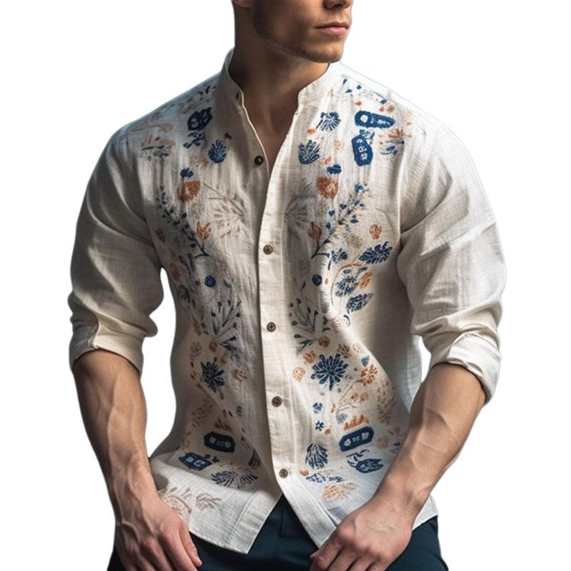 Camicia casual da uomo con stampa floreale e scollo a giro a maniche lunghe 16794818Y