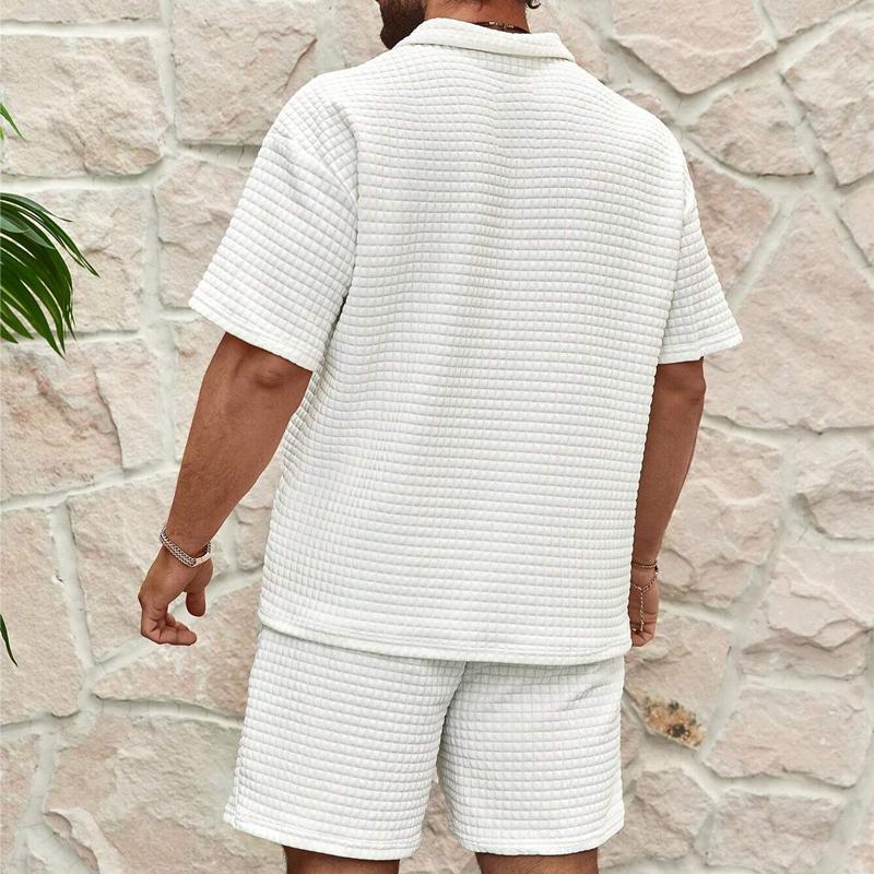 Men's Solid Waffle Lapel Short Sleeve Polo Shirt Shorts Loose Set 76307657Z