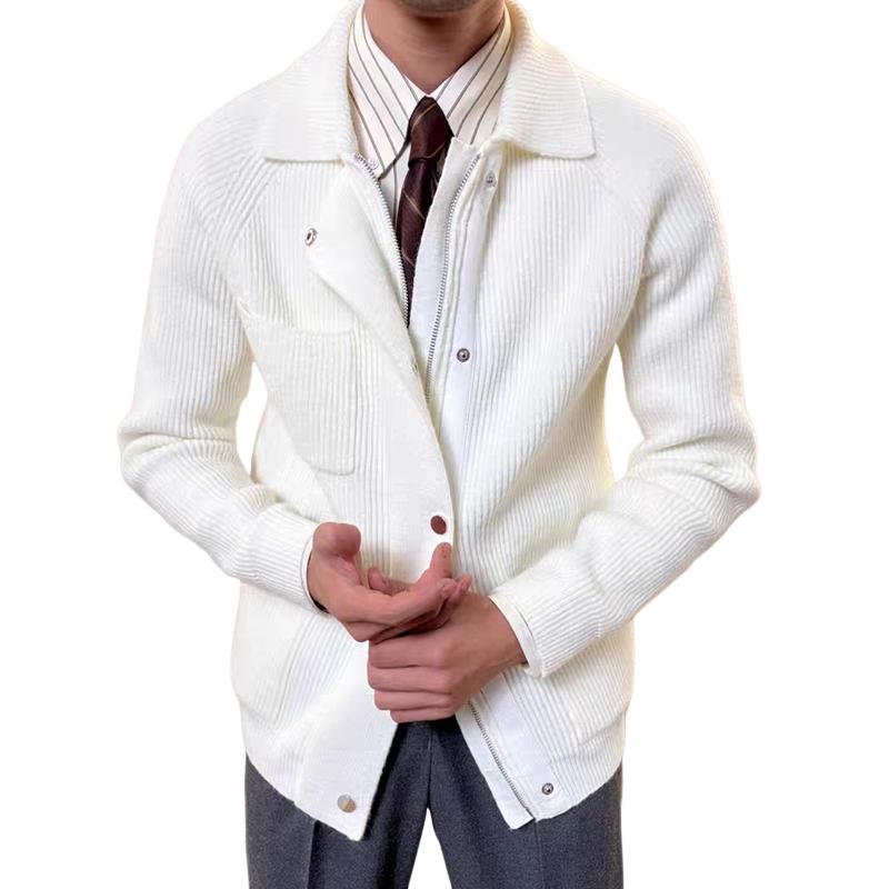 Men's Solid Color Laple Multi-pocket Zipper Single Breasted Knit Cardigan 08880688Z