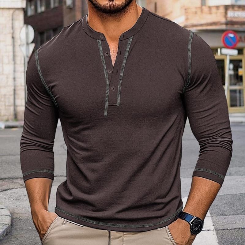 Men's Retro Contrast Color Button Crew Neck Slim FitLong Sleeve T-Shirt 01368832Y