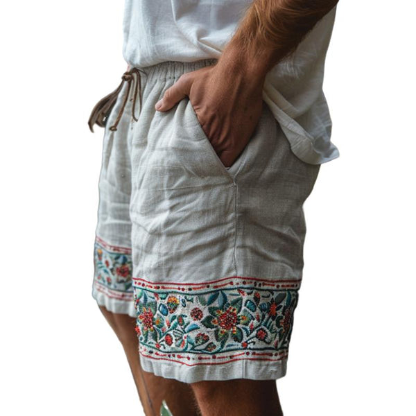 Men's Vintage Embroidered Panel Elastic Waist Vacation Shorts 25093387M
