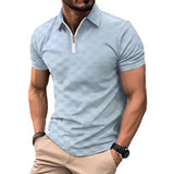 Men's Plaid Zipper Lapel Short-Sleeved Polo Shirt 99743307Y