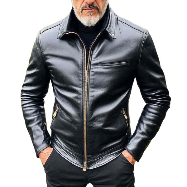 Men's Retro Casual Solid Color Motorcycle Style Zipper Leather Jacket 74293990TO