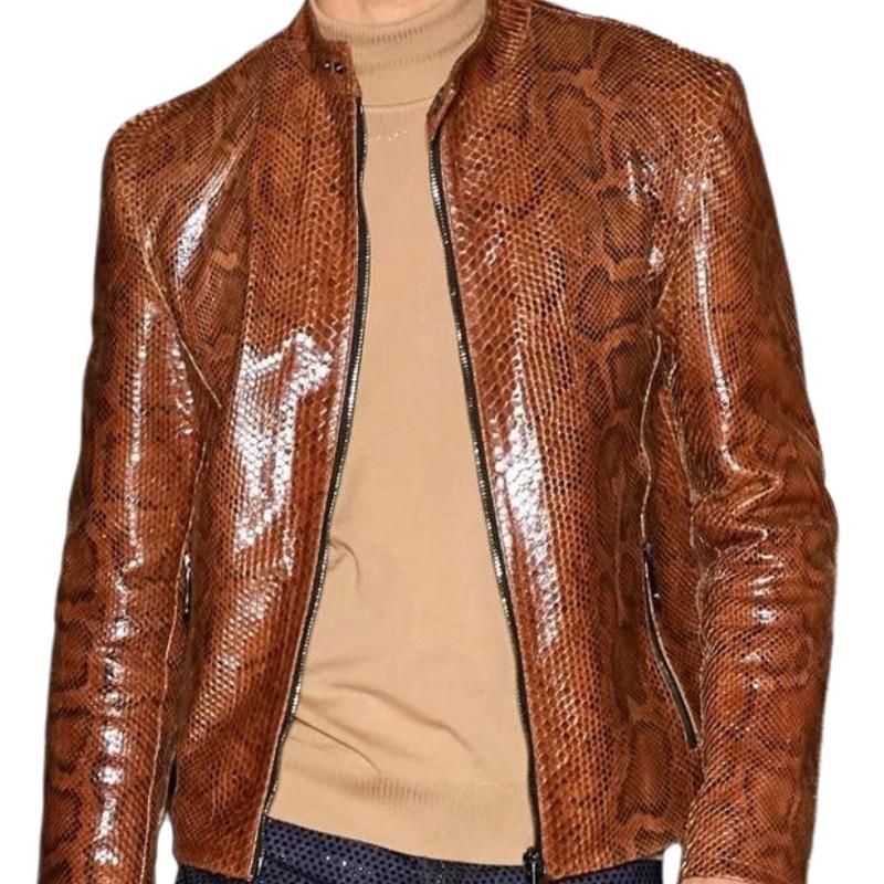 Men's Vintage Stand Collar Zip Glossy Snake Print Leather Jacket 24350502F