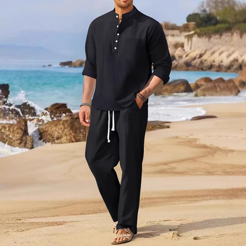 Homme Coton Et Lin Solide Col Montant Manches Longues Chemise Pantalon Casual Set 26246271Z