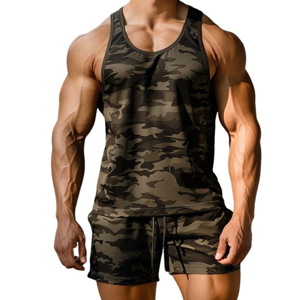 Men's Casual Camouflage U-Neck Tank Top Loose Sports Shorts Set 79450187M