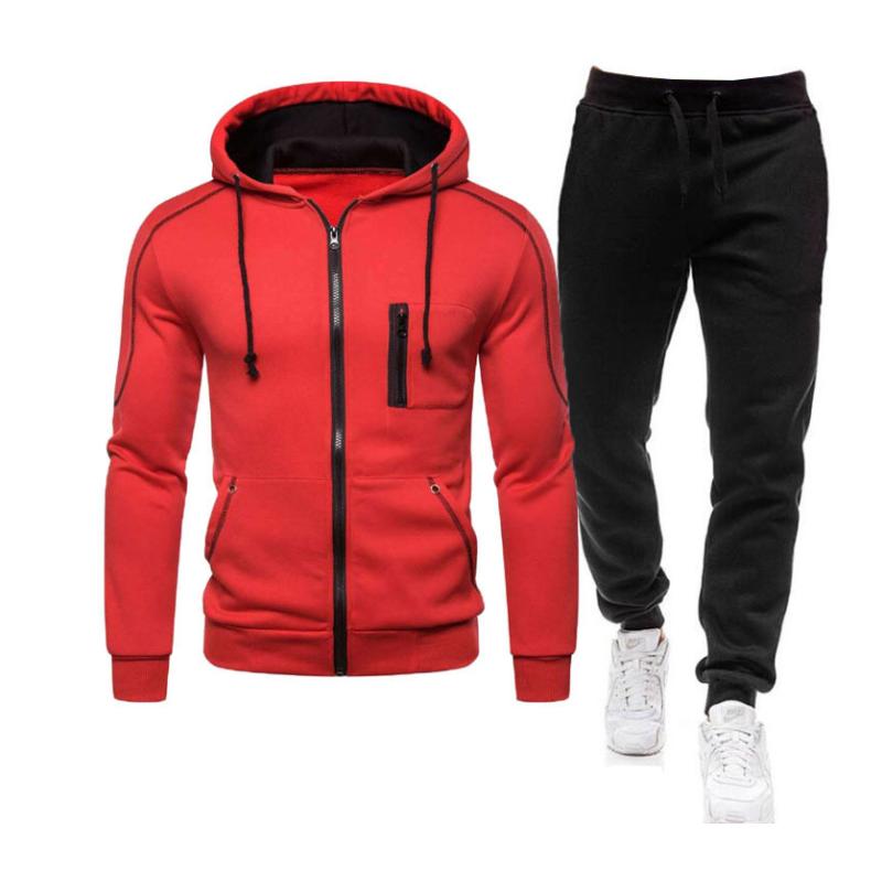 Men's Casual Colorblock Zipper Hooded Sports Jacket Elastic Waist Pants Set 15967302M