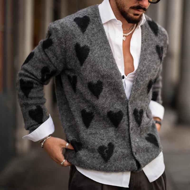 Men's Fashion Heart Graphic V Neck Single Breasted Knit Cardigan 01457661Z