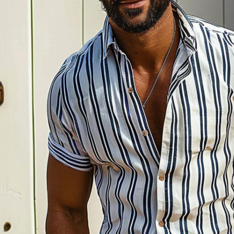 Men's Casual Striped Lapel Short Sleeve Shirt 25322043TO