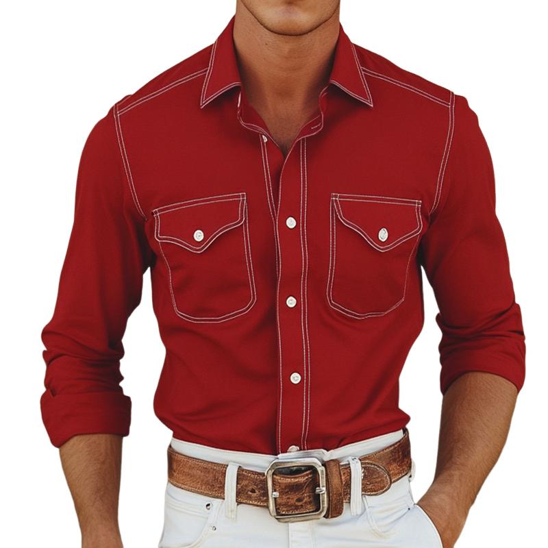 Men's Retro Casual Cowboy Pocket Lapel Long Sleeve Shirt 26429266TO