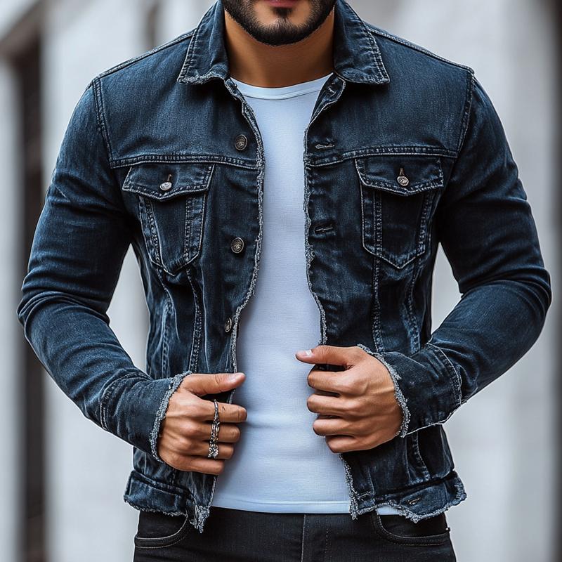 Men's Fashion Distressed Brushed Lapel Single Breasted Denim Casual Jacket 29680727Z