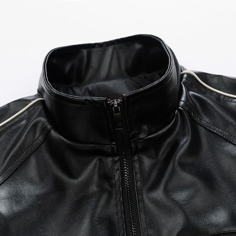 Men's Casual Stand Collar Contrast Color Loose Leather Jacket 38849005M