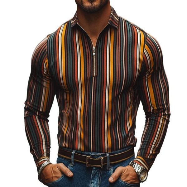 Men's Retro Casual Color Striped Lapel Zipper Long Sleeve T-Shirt 39614168TO