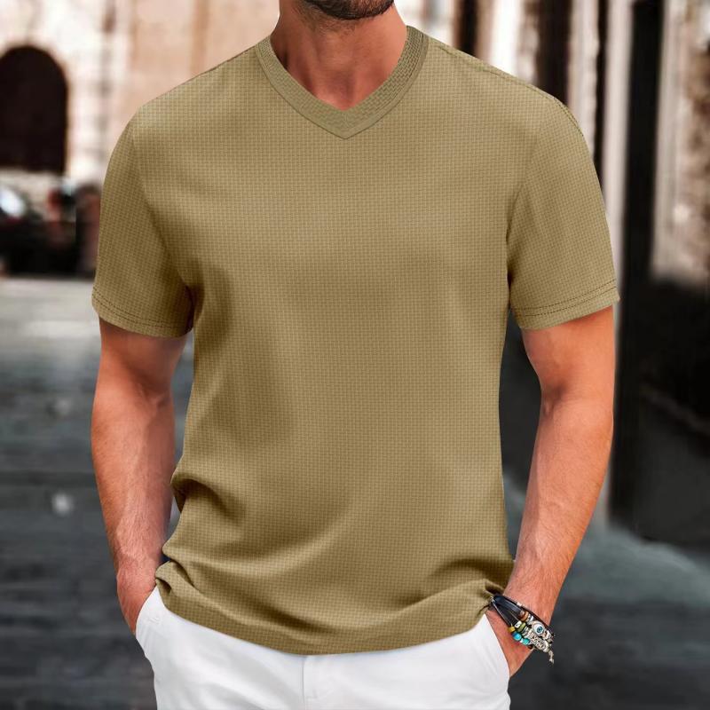 Men's Solid Color Textured Fabric V-Neck Short-Sleeved T-Shirt 78497234Y