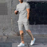 Men's Casual Patchwork Round Neck Slim Short-sleeved T-shirt Sports Shorts Set 77295733M