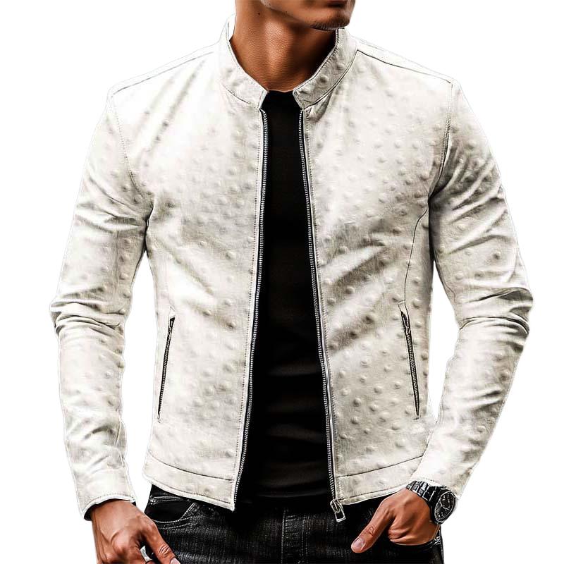 Men's Classic Casual Slim Fit Stand Collar Textured Leather Jacket 77367727K