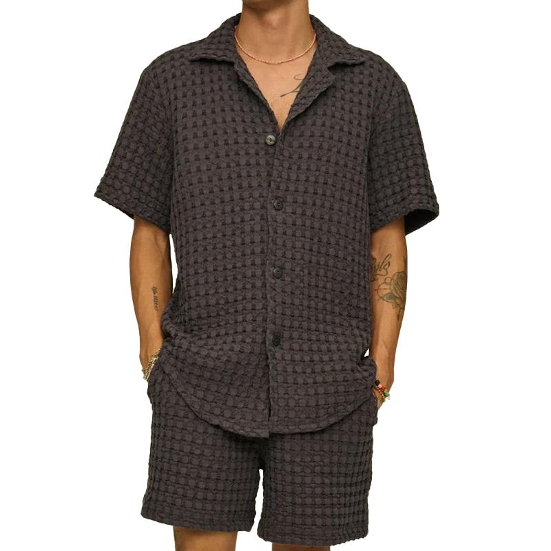 Men's Solid Lapel Short Sleeve Shirt And Shorts Casual Set 13423081Z