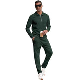 Men's Casual Jacquard Zipper Lapel Long Sleeve Polo Shirt Sports Pants Set 22827630M