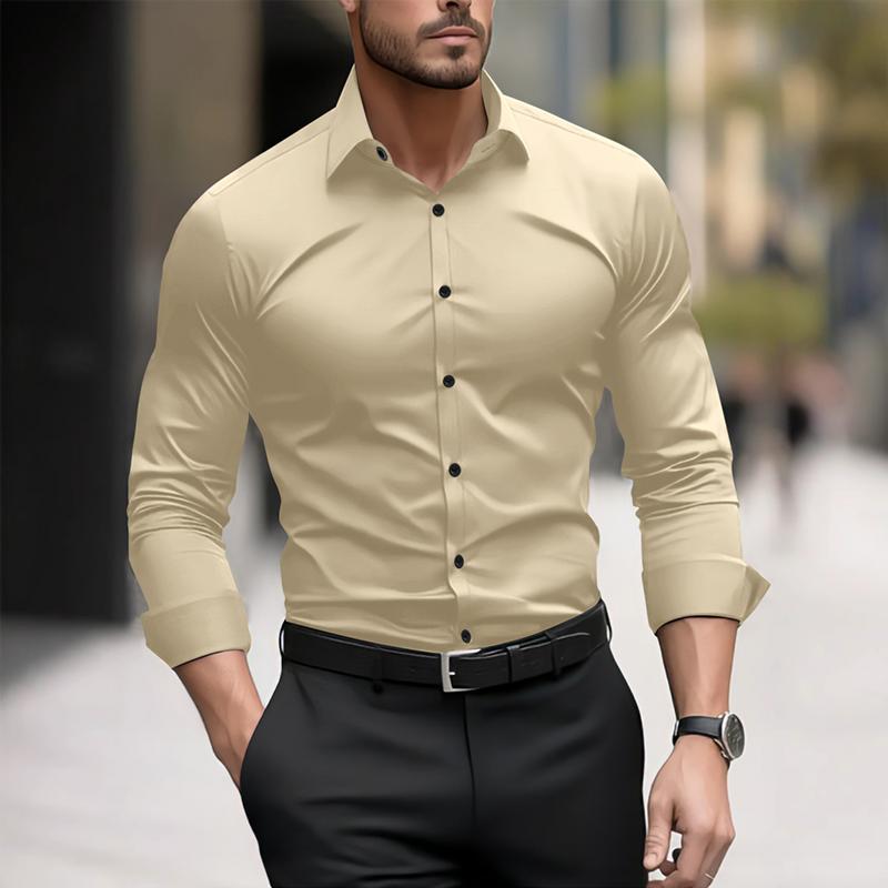 Men's Solid Color Slim Lapel Long Sleeve Business Shirt 22789831Z