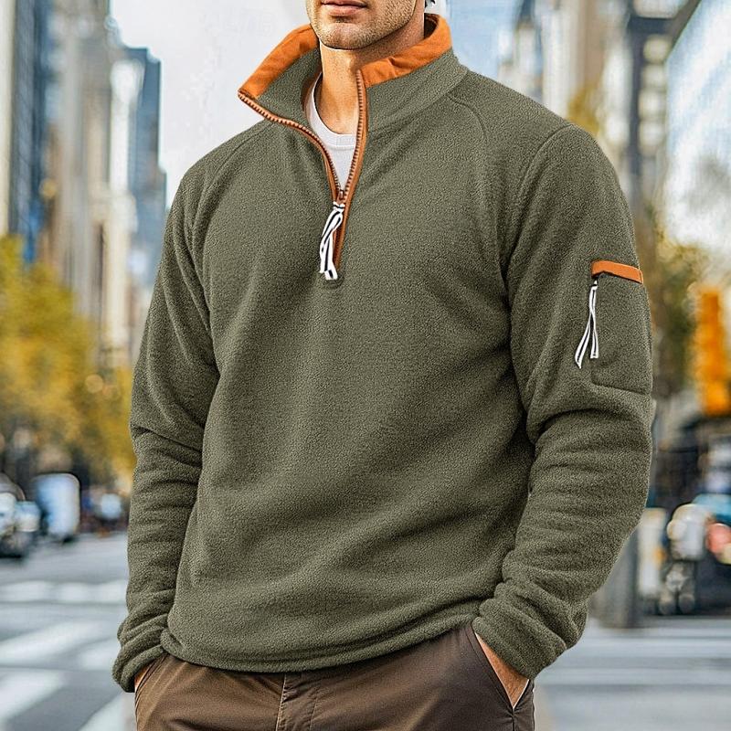 Men's Casual Solid Color Polar Fleece Half-Zip Stand Collar Long-Sleeved Sweatshirt 12323732Y